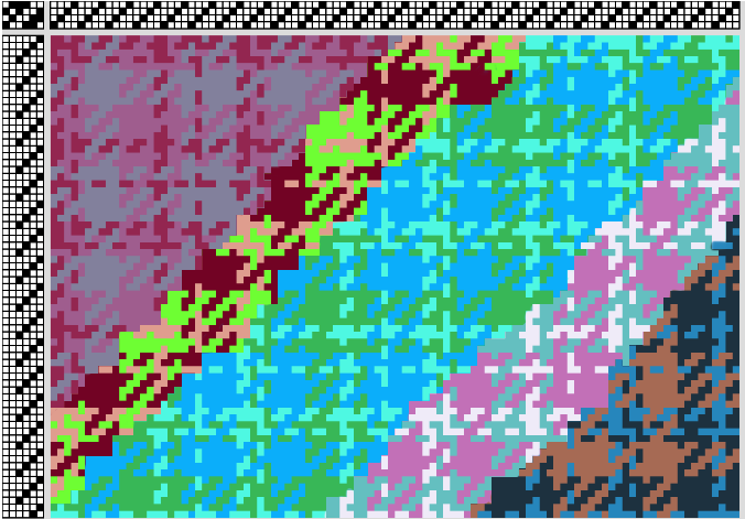 A spliced-together image of woven plaid in several randomly-generated color palettes.