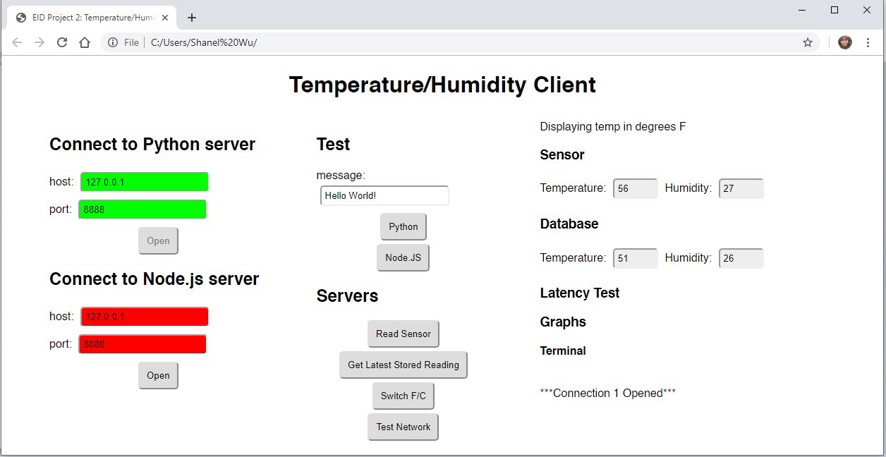 Screenshot of temperature/humidity GUI accessed via HTML