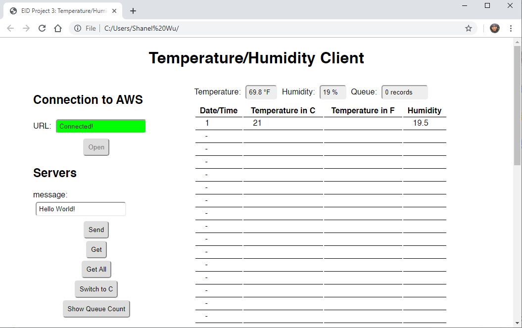 Screenshot of temperature/humidity GUI accessed via HTML