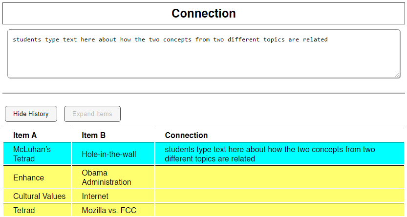 View of the lower half of the web app, below the “Connection” entry field, after the user has clicked the “Show History” button. The user’s history of random combinations is displayed in a table below the button, while the button has changed to “Hide History”.