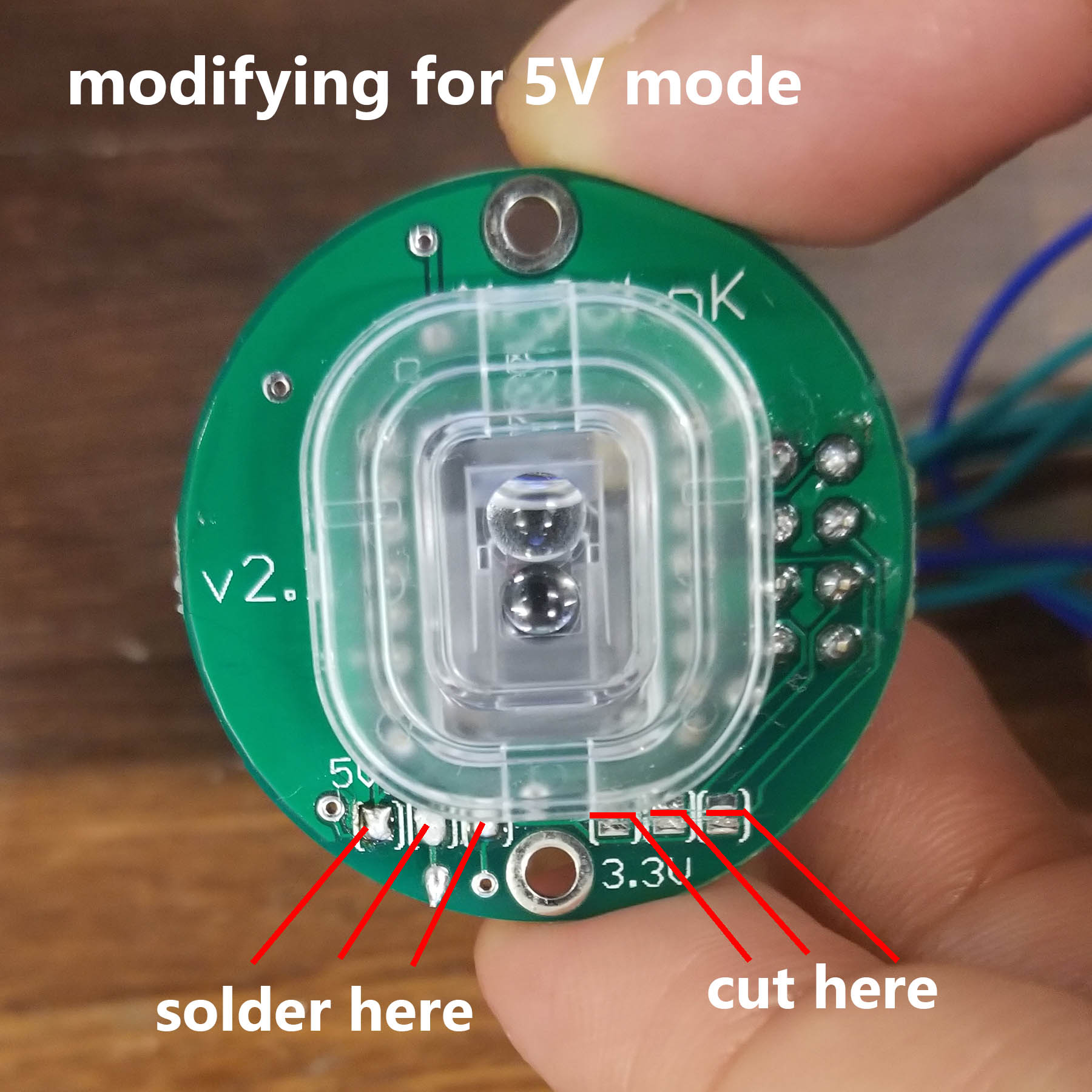 Underside of sensor, showing where to solder and cut