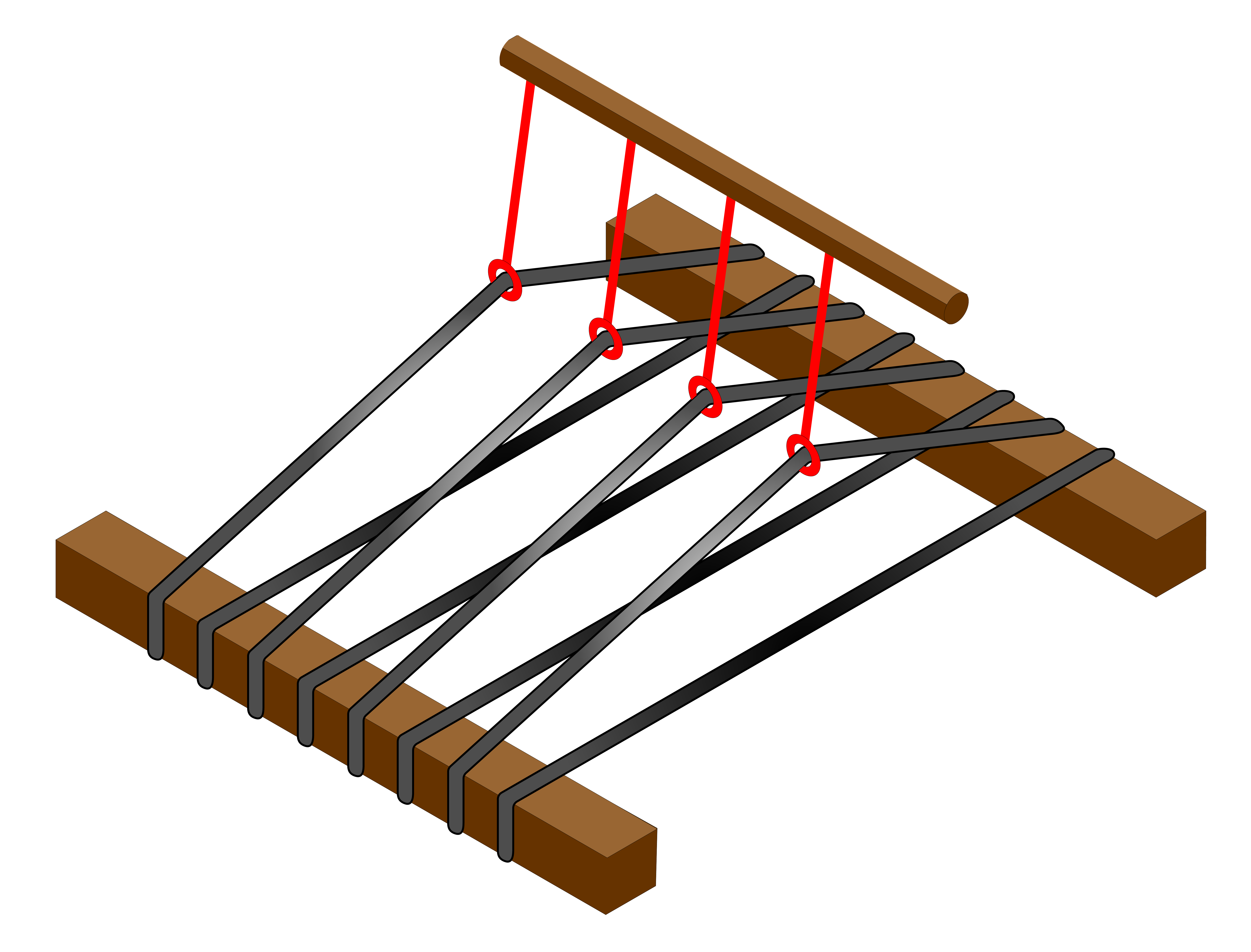 An illustration of a loom with a single shaft added, with heddles controlling every other warp.