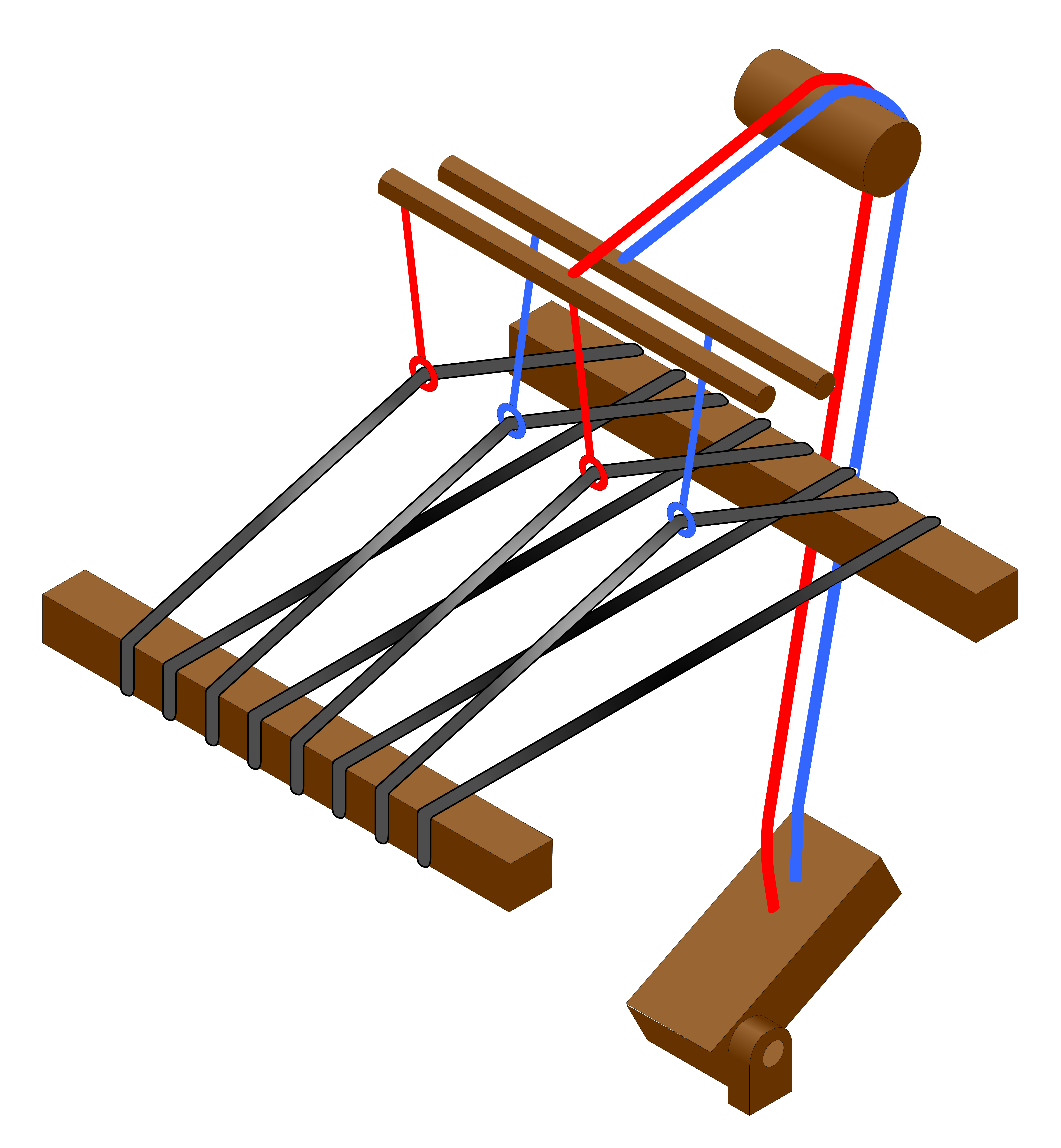 An illustration of a loom with two shafts that lift the same shed as the previous illustration. The two shafts have been tied to a treadle that lifts both of them.